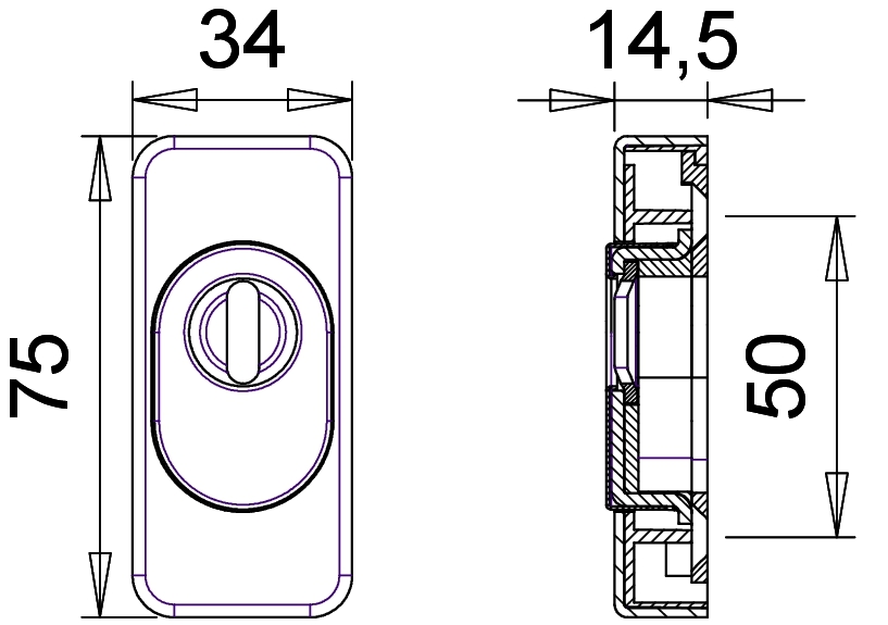 D816 F1 smaldeur schuifrozet pc met kerntrek 15mm rechthoekig, cilinder voorstand 11-14mm – foto 2