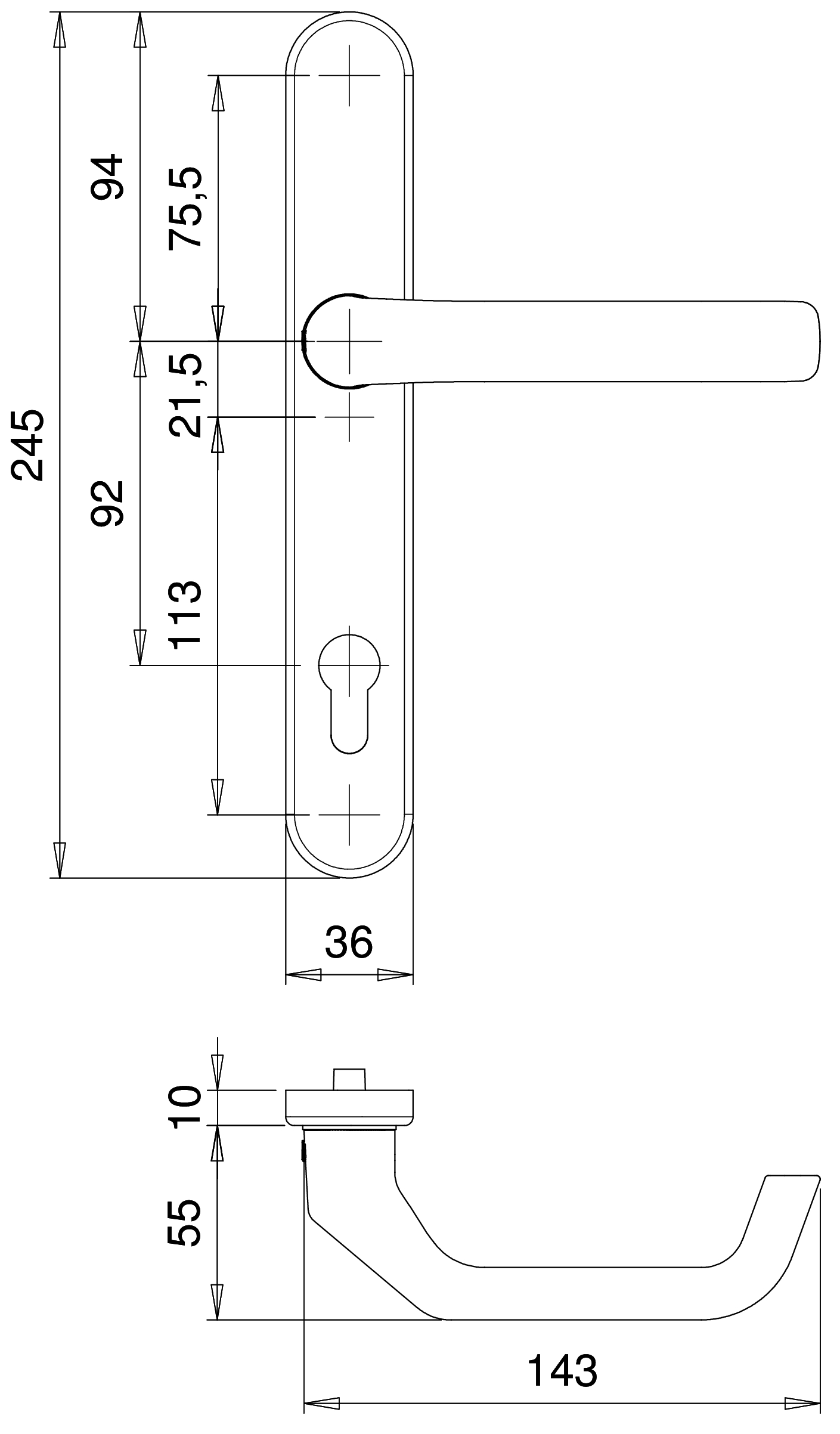 D2044 F1 PC92 vlh. afgerond smal binnenschild kruk D1200-pc92, Kronos, zonder bevest. – foto 2