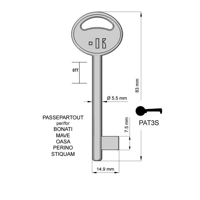 Baardsleutel messing, PAT3S, 6P2S