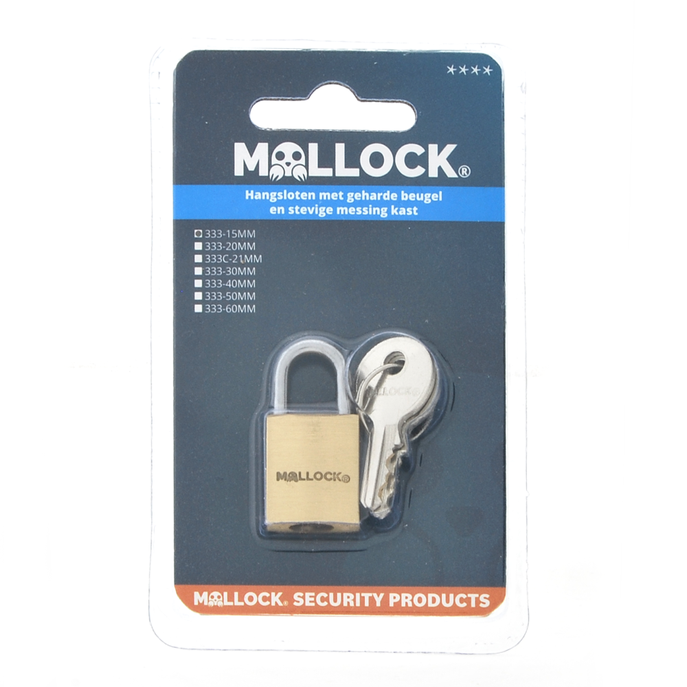 33315V Mollock hangslot messing 15mm verschil.sl. met 2 sleutels (blister)