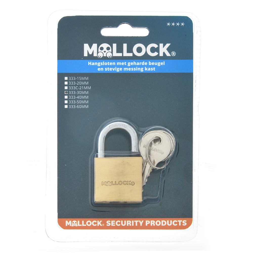 33330V Mollock hangslot messing 30mm verschil.sl. met 2 sleutels (blister)
