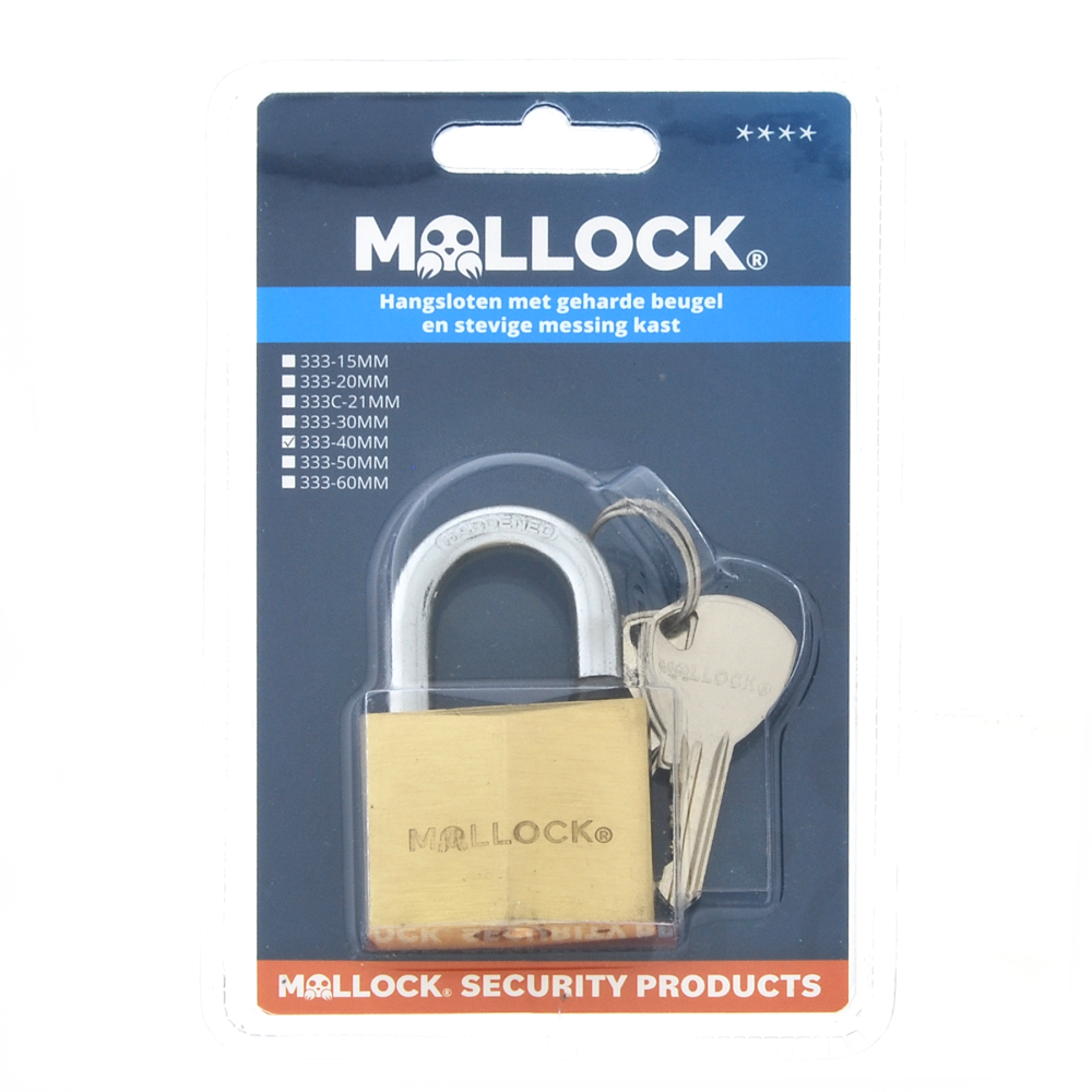 33340V Mollock hangslot messing 40mm verschil.sl. met 3 sleutels (blister)