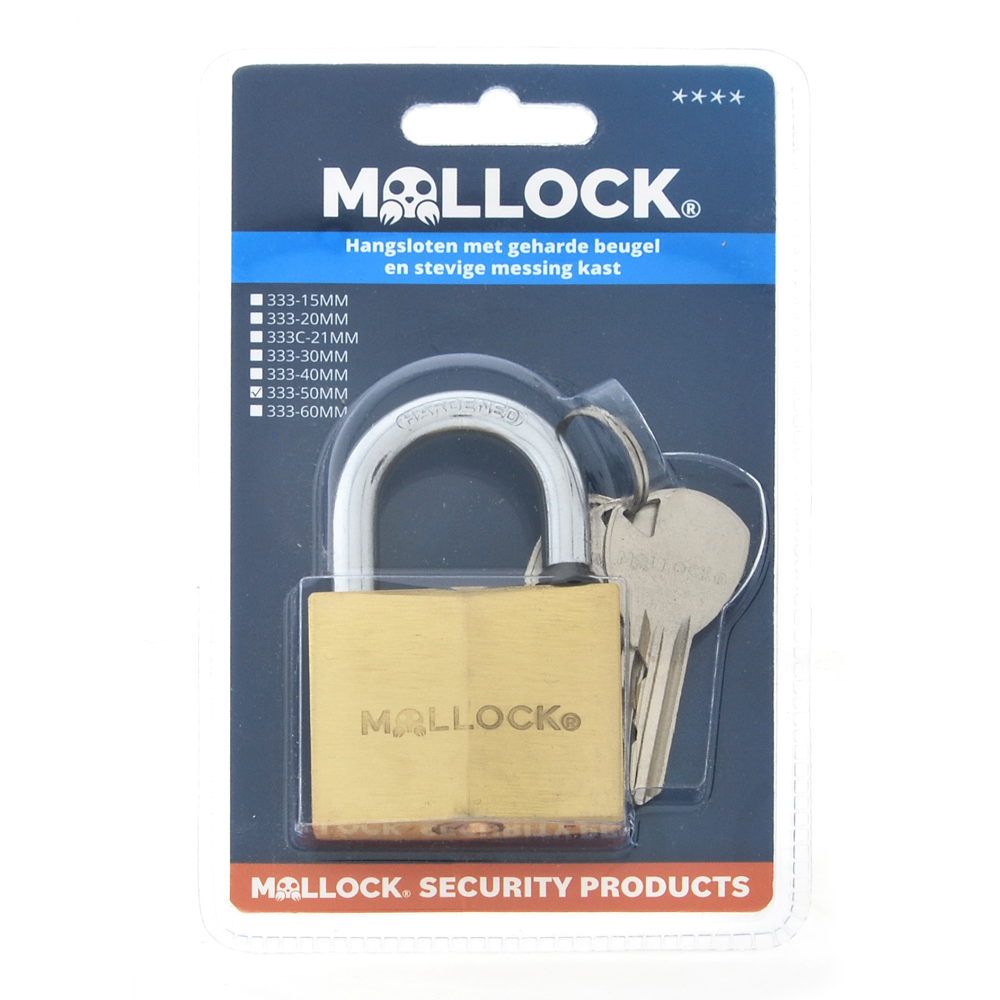 33350V Mollock hangslot messing 50mm verschil.sl. met 3 sleutels (blister)
