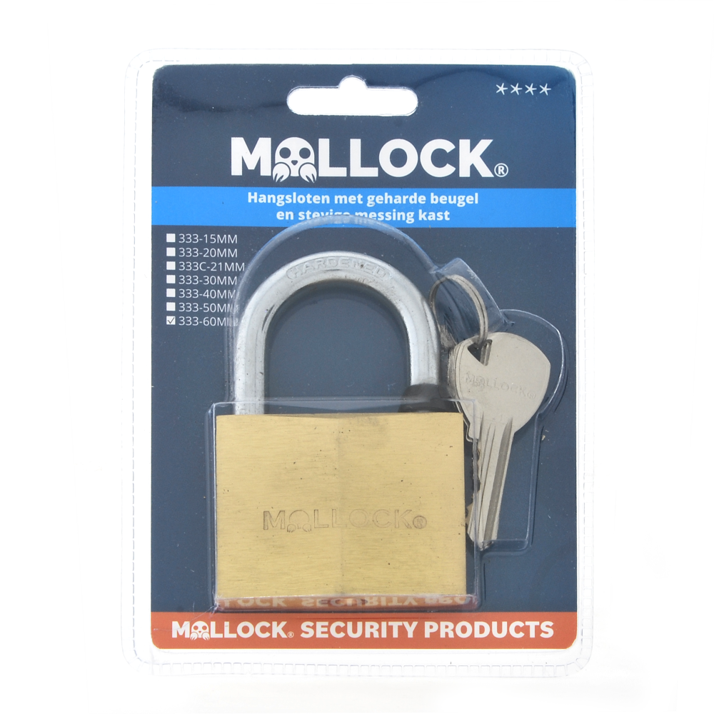 33360V Mollock hangslot messing 60mm verschil.sl. met 3 sleutels (blister)