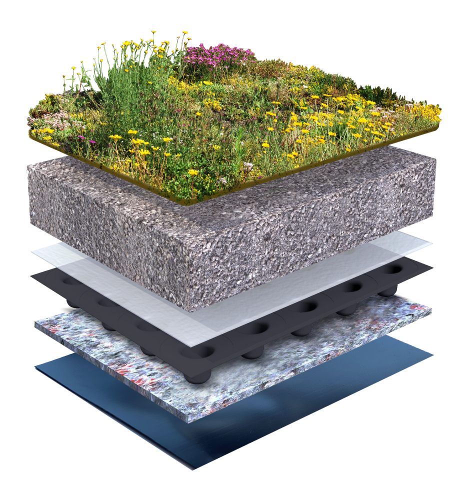 Sedum-kruidenmat | Substraat extensief big bag | Drainage 20R | Beschermdoek 300g