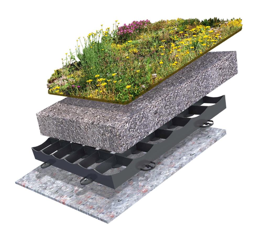 Sedum-Kruidenmat | Substraat extensief zak | AA-Plaat S75 | Waterbufferend vlies 1200g