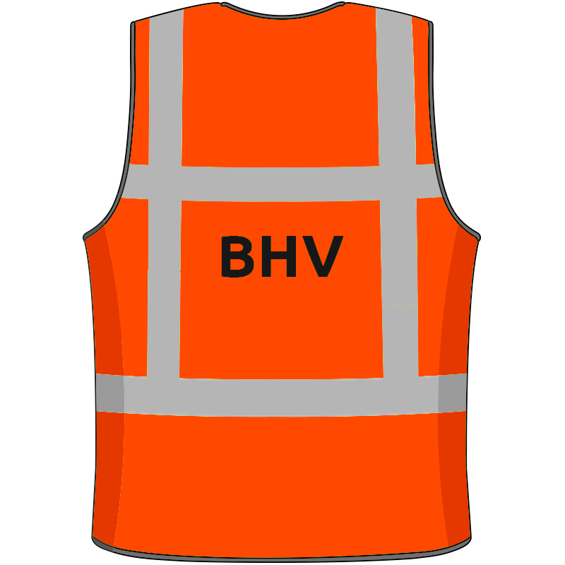 BHV veiligheidsvest, vlamvertragend, fluor ORANJE, XL opdruk "BHV" borst en rug