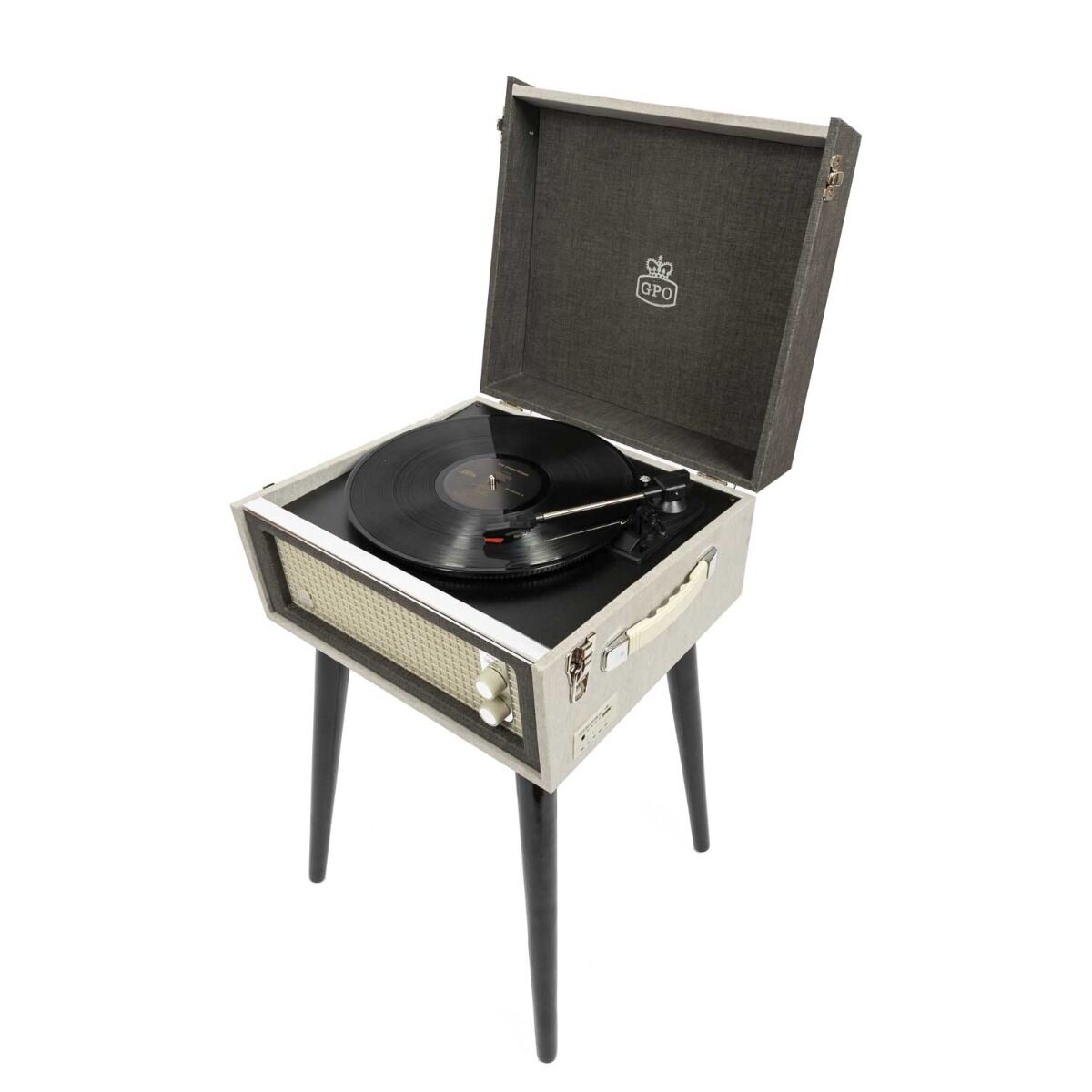 GPO kofferplatenspeler met speakers op pootjes grijs
