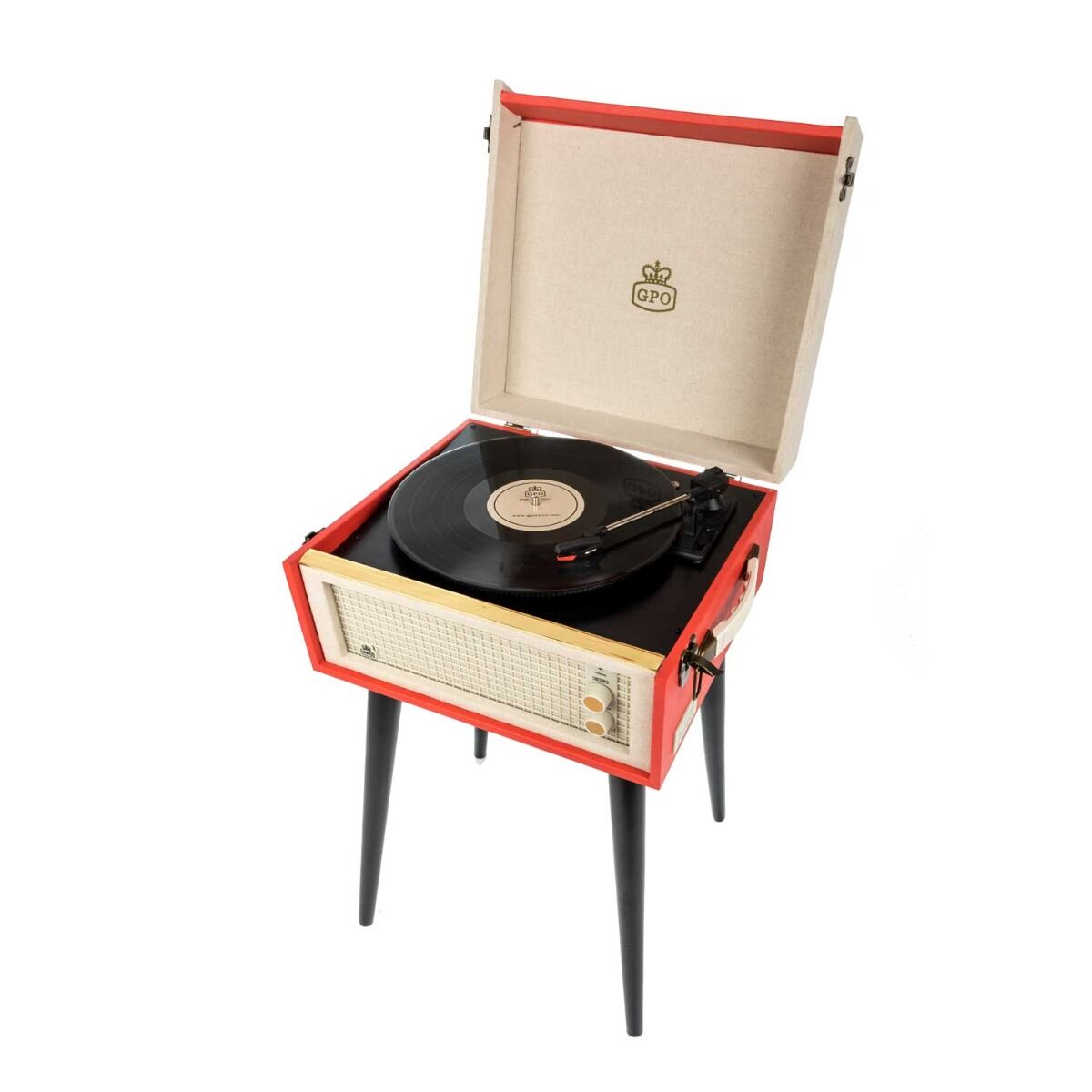GPO kofferplatenspeler met speakers op pootjes rood