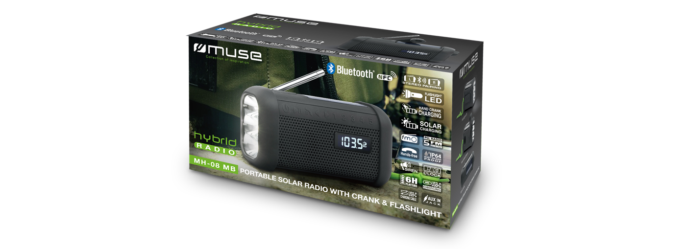 Muse radio/wereldontvanger op zonne-energie en zaklamp