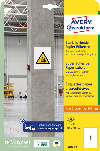 Etiket Avery Zweckform L7877-20 210x297mm 20 etiketten