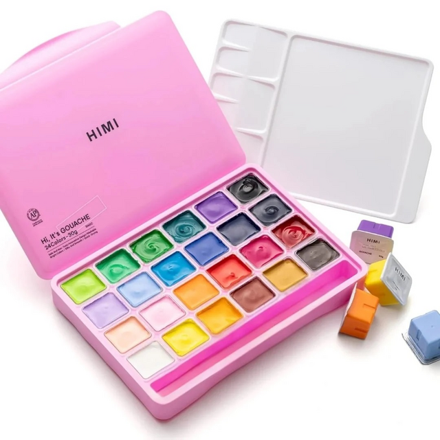 Gouache HIMI 24 kleuren 30gr opbergbox roze – foto 3