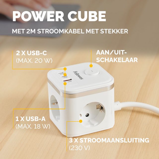 Stekkerblok Fellowes Power Cube F 3 voudig 1xUSB A 2xUSB C 2 meter wit – foto 3