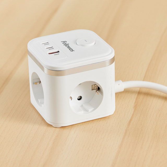 Stekkerblok Fellowes Power Cube F 3 voudig 1xUSB A 2xUSB C 2 meter wit – foto 5
