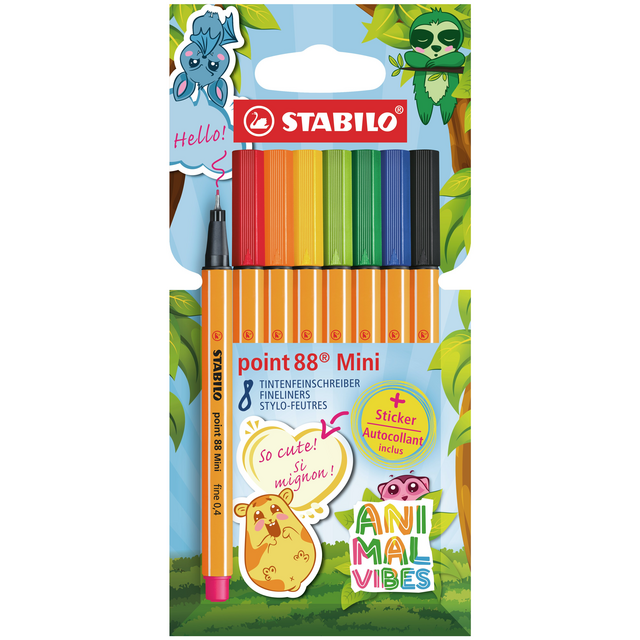 Fineliner STABILO point 88 Animal Vibes mini fijn assorti 8 stuks