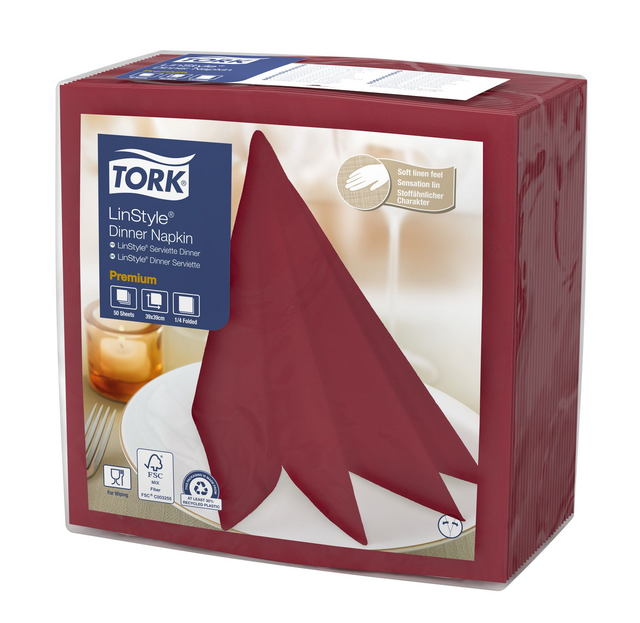 Dinerservet Tork Linstyle Premium 1/4 vouw 1-laags 390x390mm 50 vel bordeaux 478885