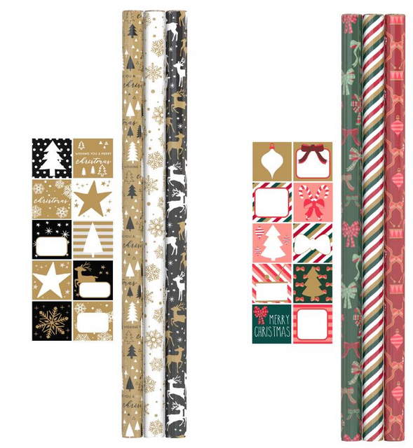 Inpakpapier Kerst 200x70cm set à 3 rol+stickervel