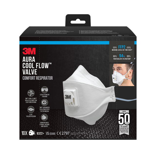 Stofmasker 3M Aura voor schuren 9322 FFP2 met ventiel 10 stuks