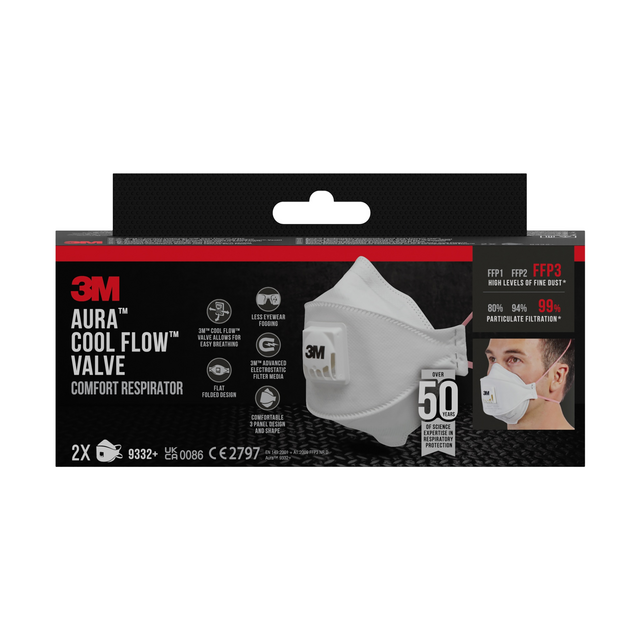 Stofmasker 3M Aura Comfort Cool Flow 9332 FFP3 met ventiel 2 stuks