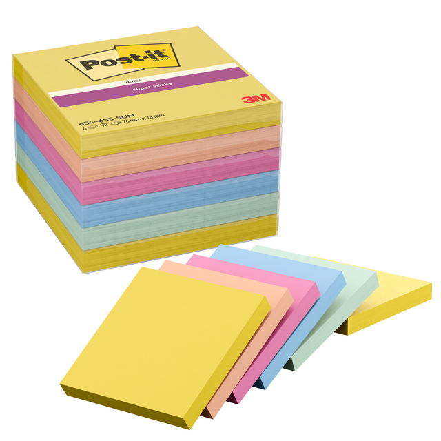 Memoblok Post-it 654 Super Sticky 76x76mm Summer Sorbet 6 stuks – foto 2