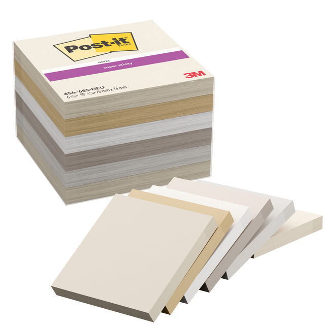 Memoblok Post-it 654 Super Sticky 76x76mm Neutrality 6 stuks – foto 2