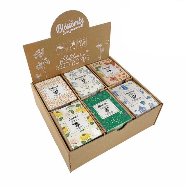 Giftbox Blossombs kruiden-bloemen assorti display à 24 zaadbommetjes