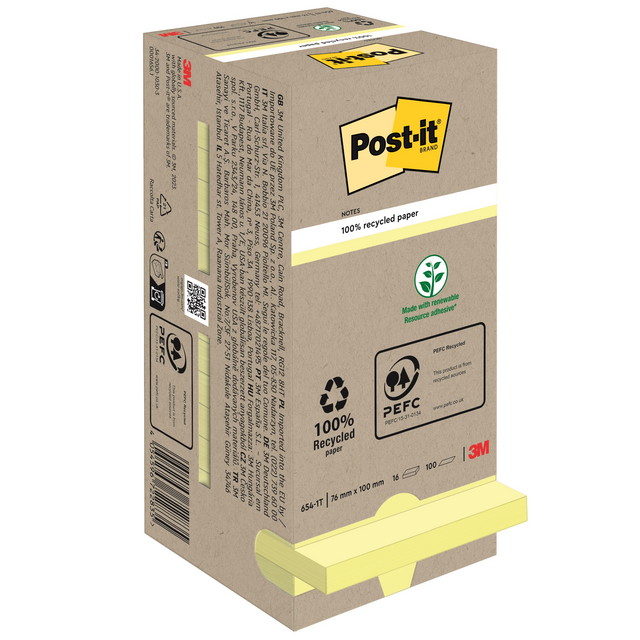 Memoblok Post-it 654 76x76mm recycled pastel geel 16 stuks