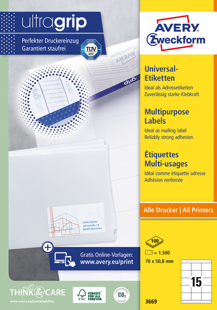 Etiket Avery 3669 70x50.8mm wit 1500 stuks