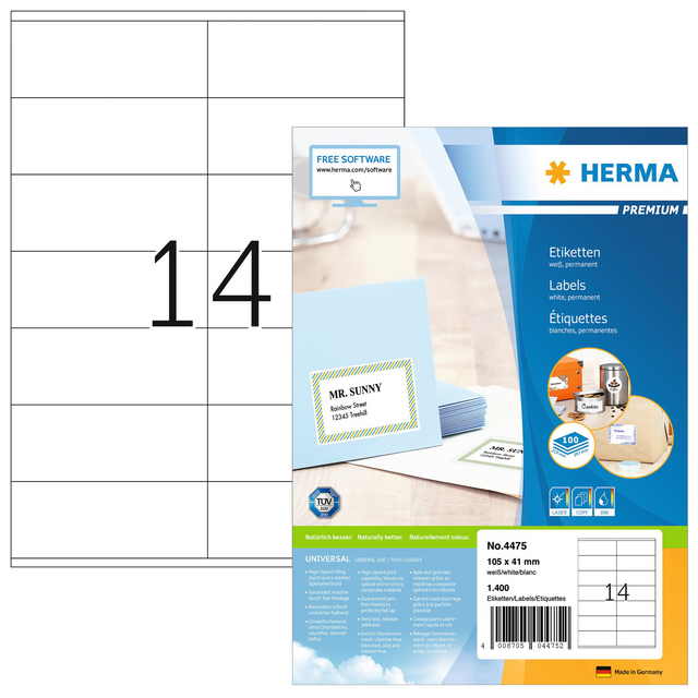 Etiket HERMA 4475 105x41mm premium wit 1400 stuks