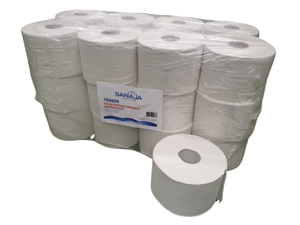 Toiletrol compact zonder dop recycled wit 2-laags 24 rol à 100 mtr