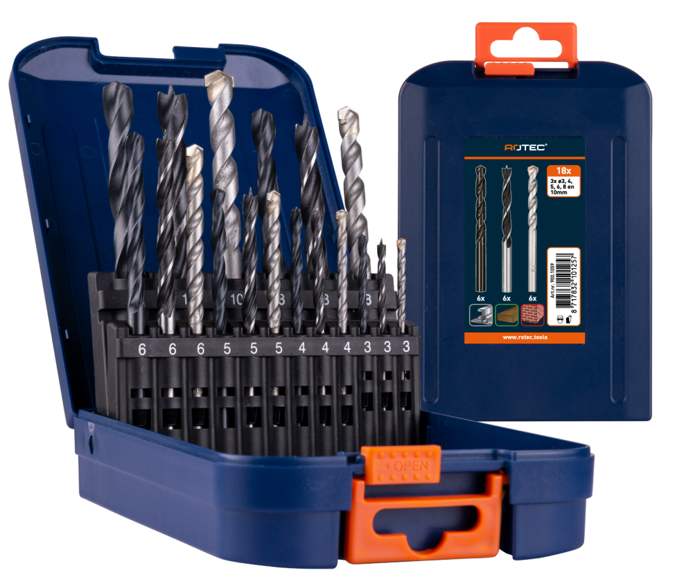 Spiraalborenset 18-dlg ø3, 4, 5, 6, 8 en 10mm  (6xhout/6xmetaal/6xsteen)
