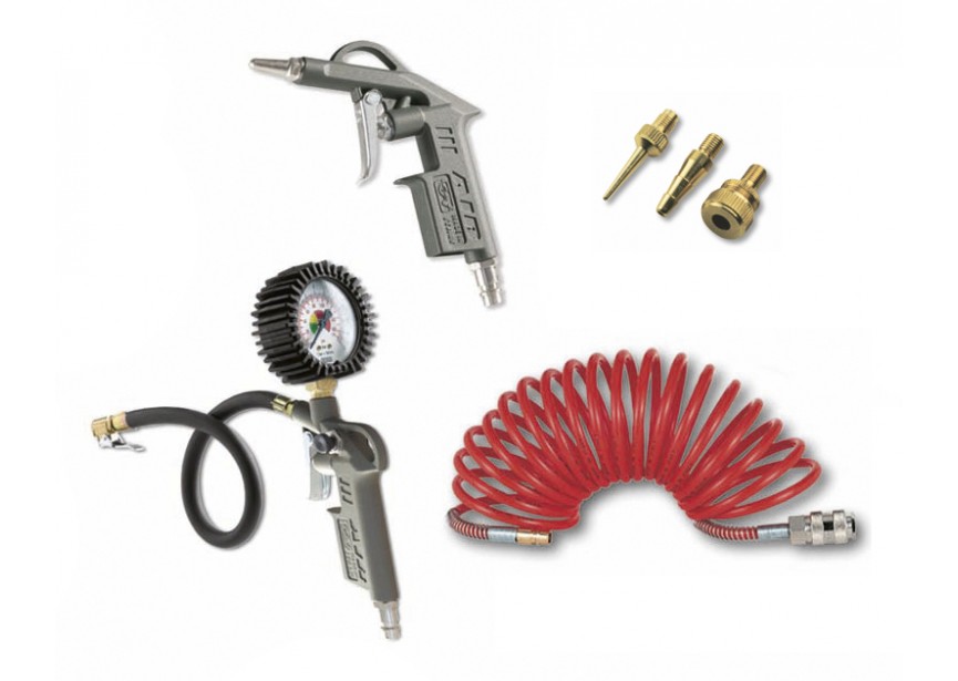 6- delige basis persluchtkit (blaaspistool,bandenvulpomp,spiraalslang)