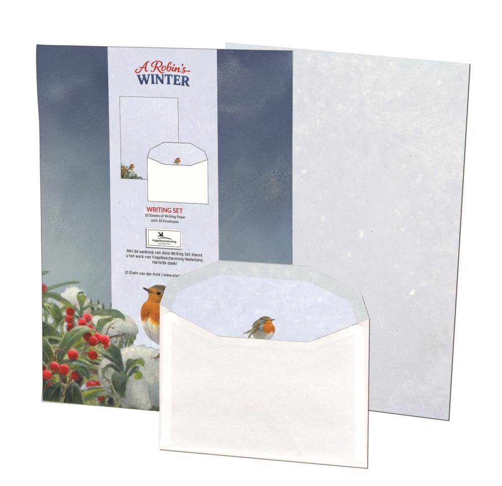 Briefpapier met enveloppen: A Robin’s Winter, Elwin van der Kolk, Vogelbescherming Nederland